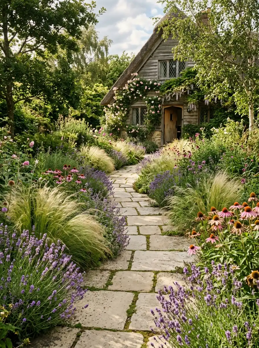 23 Stunning Ways Ornamental Grasses Can Transform Your Landscape With Texture, Movement, Privacy, and Year-Round Style 5 Soft mounding ornamental grasses mixed with lavender and echinacea lining a stone pathway leading to a wooden cottage