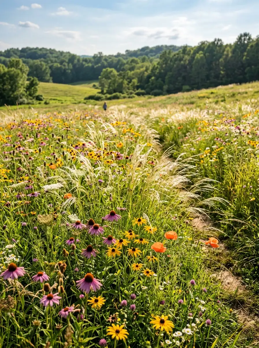 23 Stunning Ways Ornamental Grasses Can Transform Your Landscape With Texture, Movement, Privacy, and Year-Round Style 12 Naturalistic wildflower meadow with ornamental grasses, purple coneflowers, black-eyed Susans, and poppies in bright afternoon sunlight
