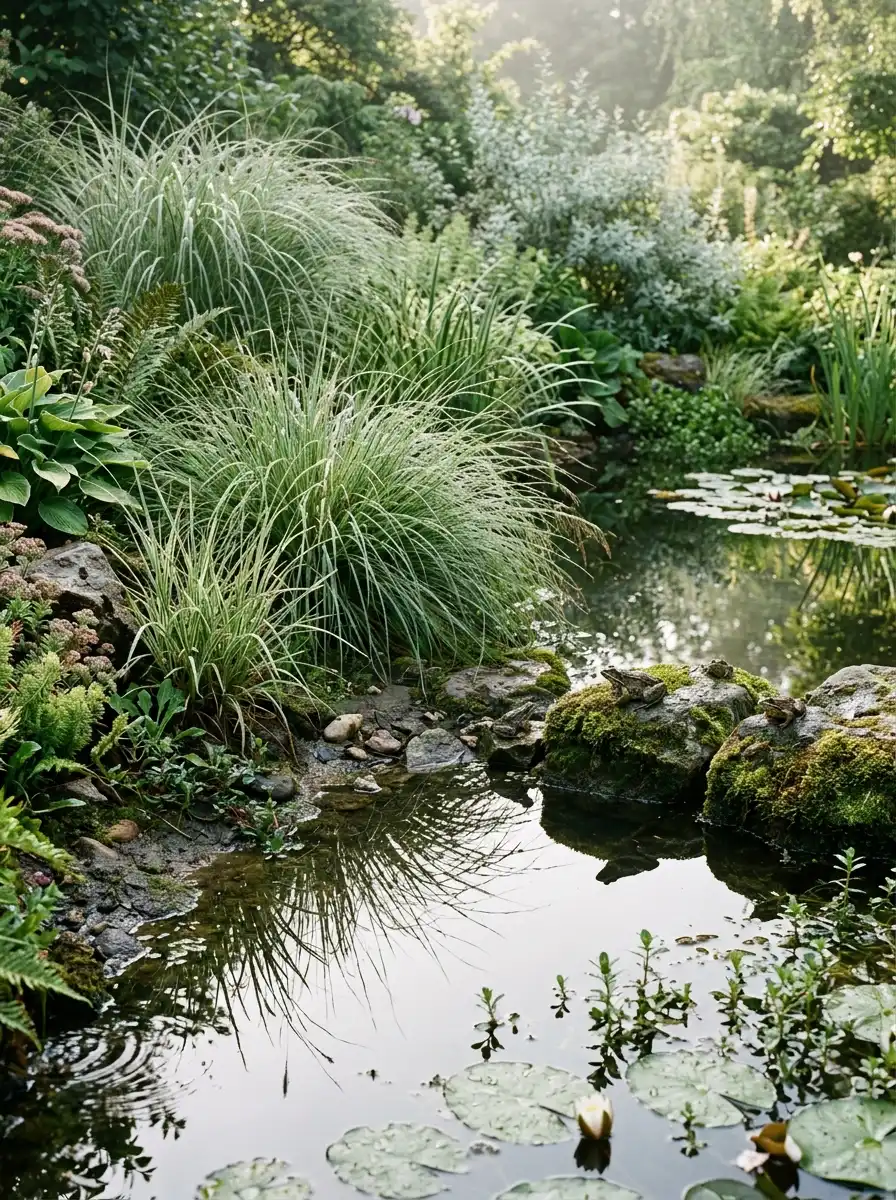 23 Stunning Ways Ornamental Grasses Can Transform Your Landscape With Texture, Movement, Privacy, and Year-Round Style 19 Ornamental grasses reflected in a still garden pond with lily pads and mossy rocks in peaceful soft morning light