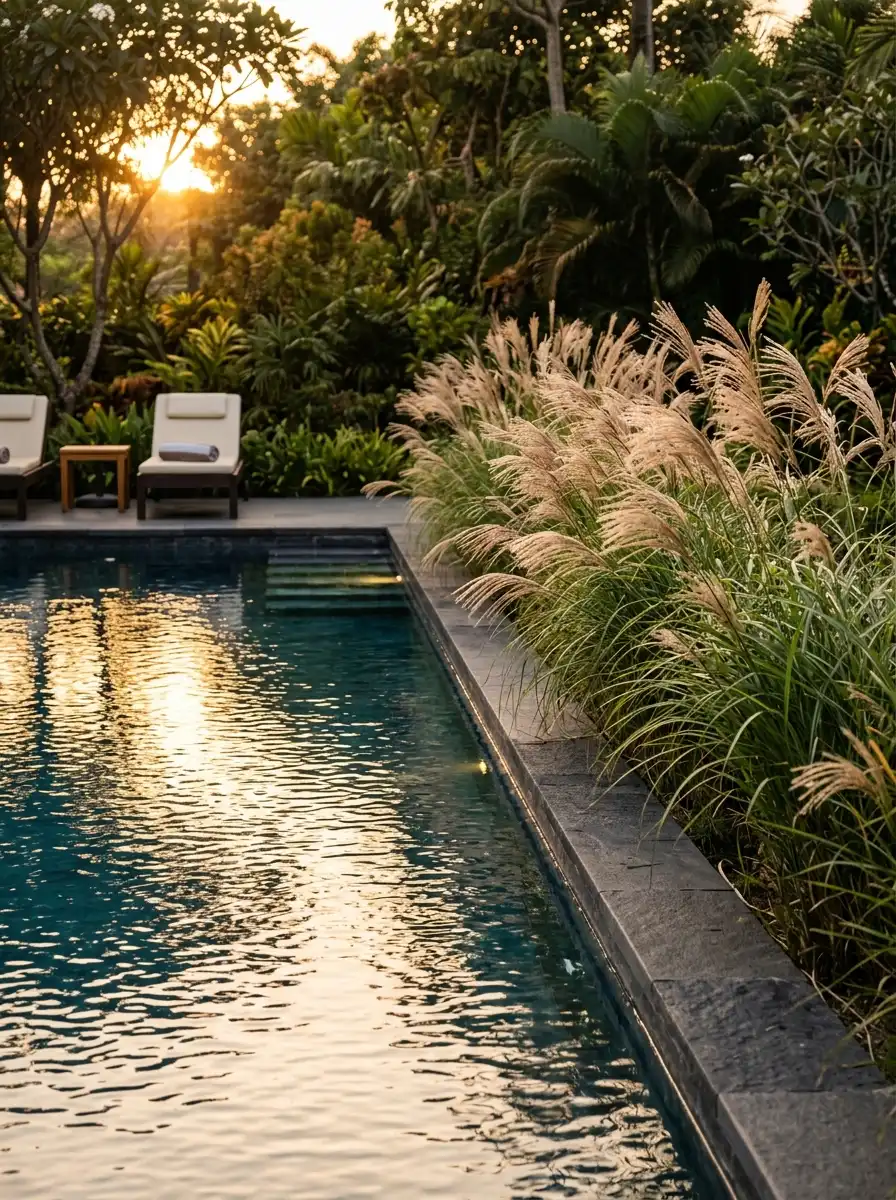 23 Stunning Ways Ornamental Grasses Can Transform Your Landscape With Texture, Movement, Privacy, and Year-Round Style 9 Tall ornamental grasses in clusters along the edge of a modern pool with golden evening light reflecting off the water