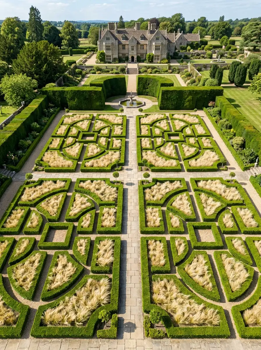 23 Stunning Ways Ornamental Grasses Can Transform Your Landscape With Texture, Movement, Privacy, and Year-Round Style 20 Ornamental grasses planted in precise geometric parterre patterns separated by low boxwood edging in a formal estate garden with stone paths