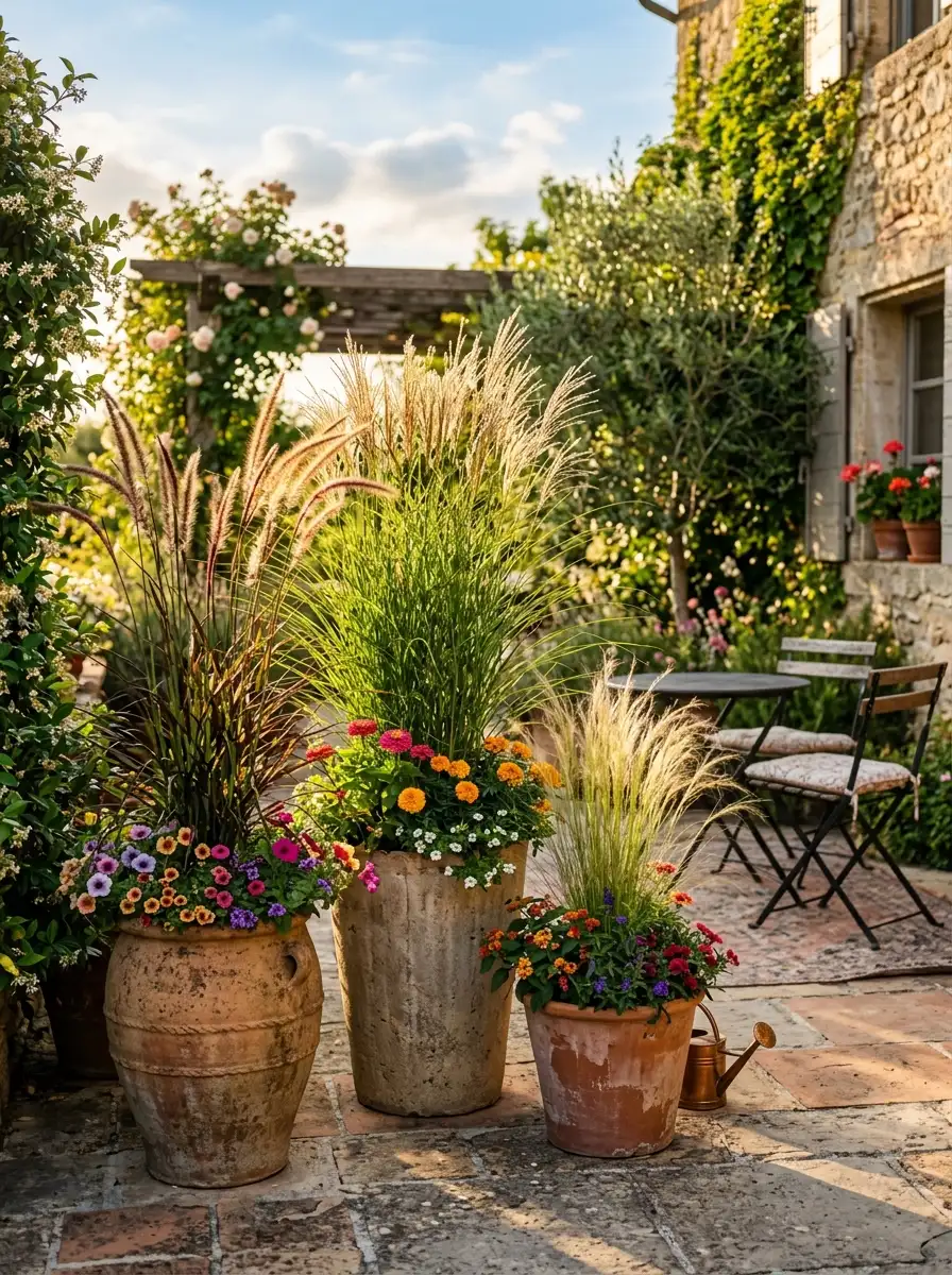 23 Stunning Ways Ornamental Grasses Can Transform Your Landscape With Texture, Movement, Privacy, and Year-Round Style 7 Three terracotta and concrete containers with tall ornamental grasses of varying heights on a warm sunny patio with bistro seating