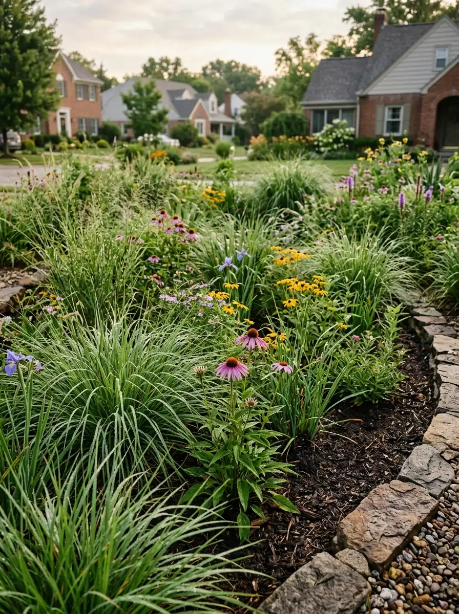 23 Stunning Ways Ornamental Grasses Can Transform Your Landscape With Texture, Movement, Privacy, and Year-Round Style 11 Dense ornamental grasses mixed with wildflowers planted in a bowl-shaped residential rain garden with morning light and water droplets