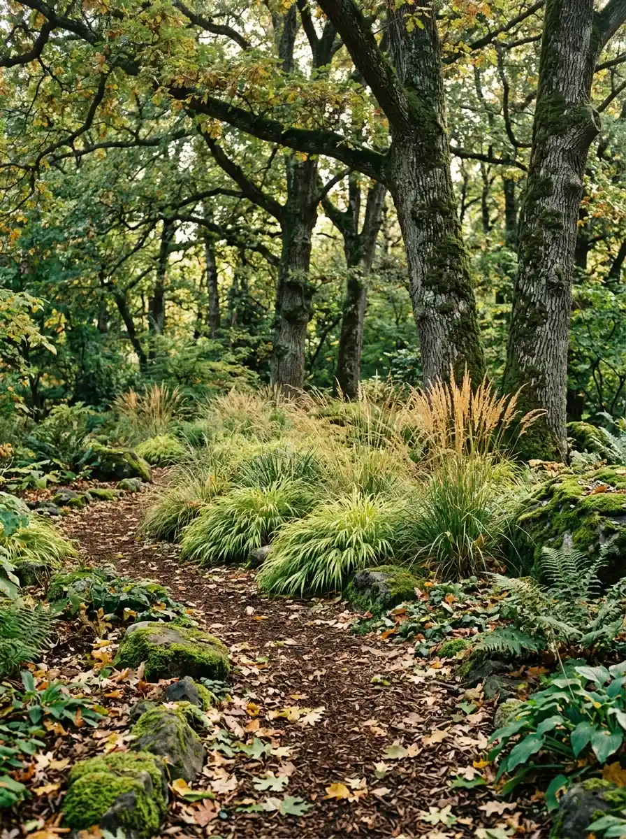 23 Stunning Ways Ornamental Grasses Can Transform Your Landscape With Texture, Movement, Privacy, and Year-Round Style 13 Clusters of ornamental grasses beneath mature oak trees in a dappled shaded woodland garden with mossy rocks and natural mulch