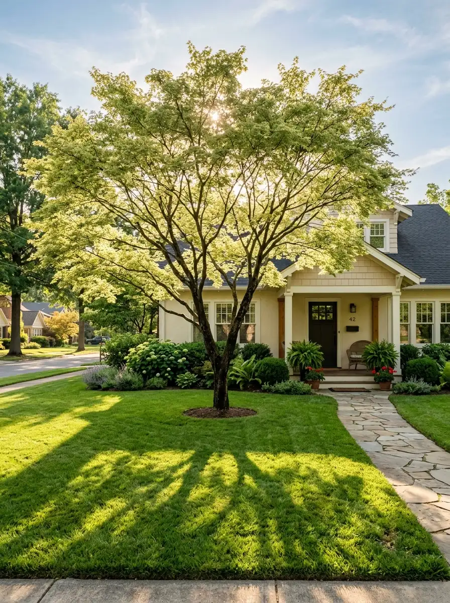 Single ornamental tree with high canopy in front yard design creating golden ratio height proportion above lawn and shrubs