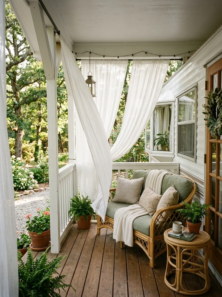 White sheer outdoor curtains billowing from a tension rod on a covered mobile home porch with rattan loveseat and sage cushions