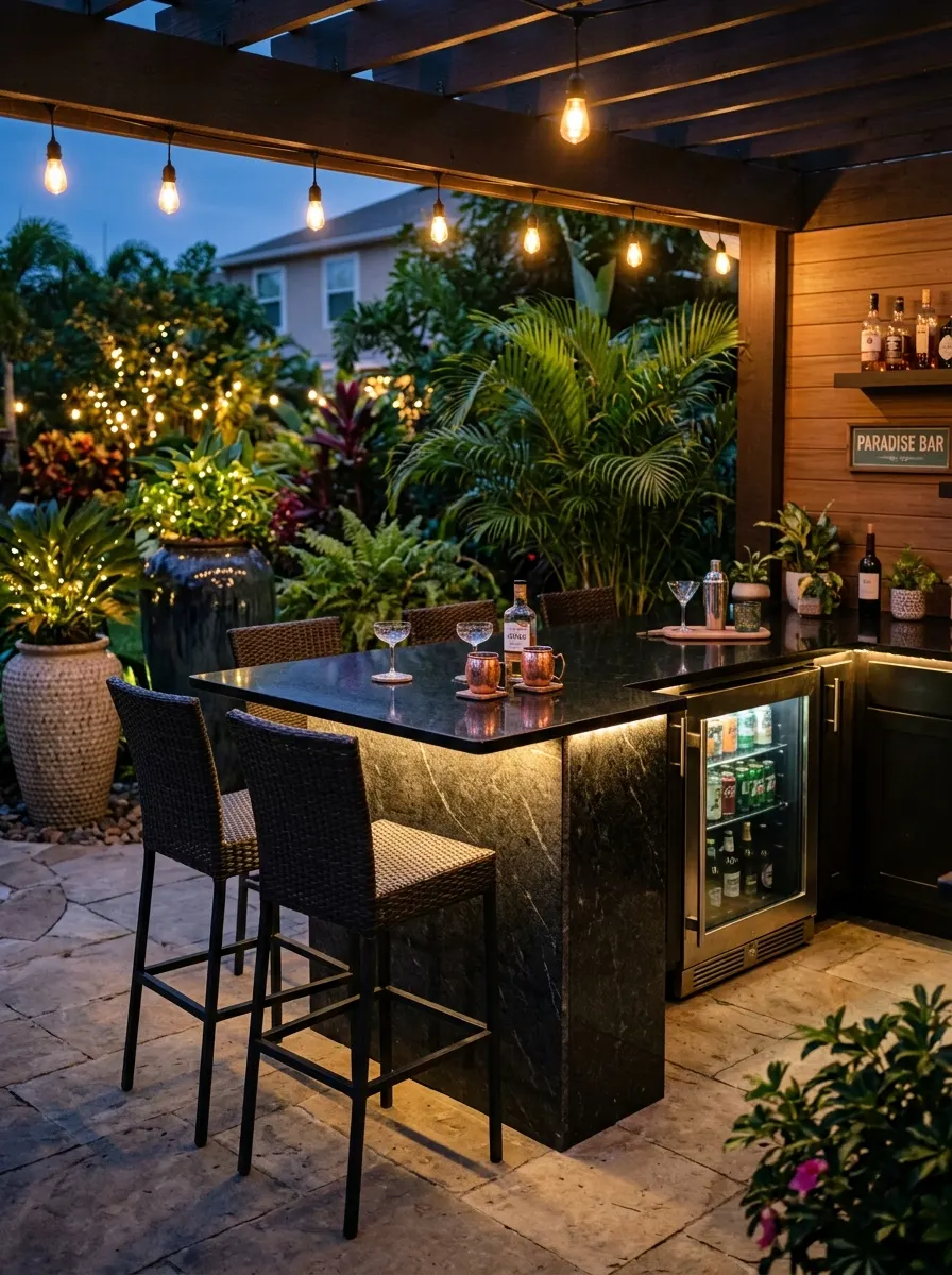 Sleek outdoor kitchen bar counter with black granite, built-in beverage fridge, warm under-counter lighting, dark wicker barstools, tropical plants at evening