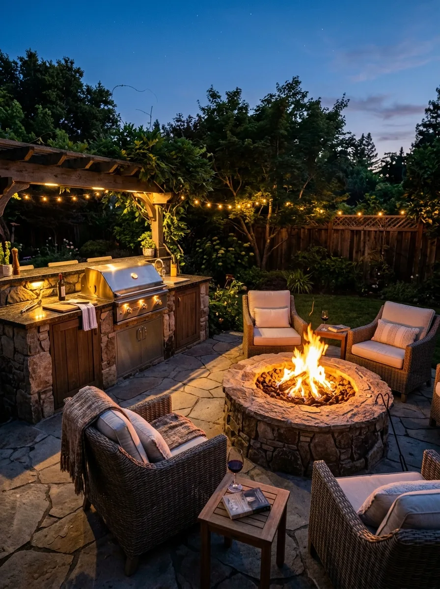 Outdoor kitchen with built-in grill adjacent to round stone firepit, amber flames reflecting on countertops, low lounge chairs, natural stone paving at evening