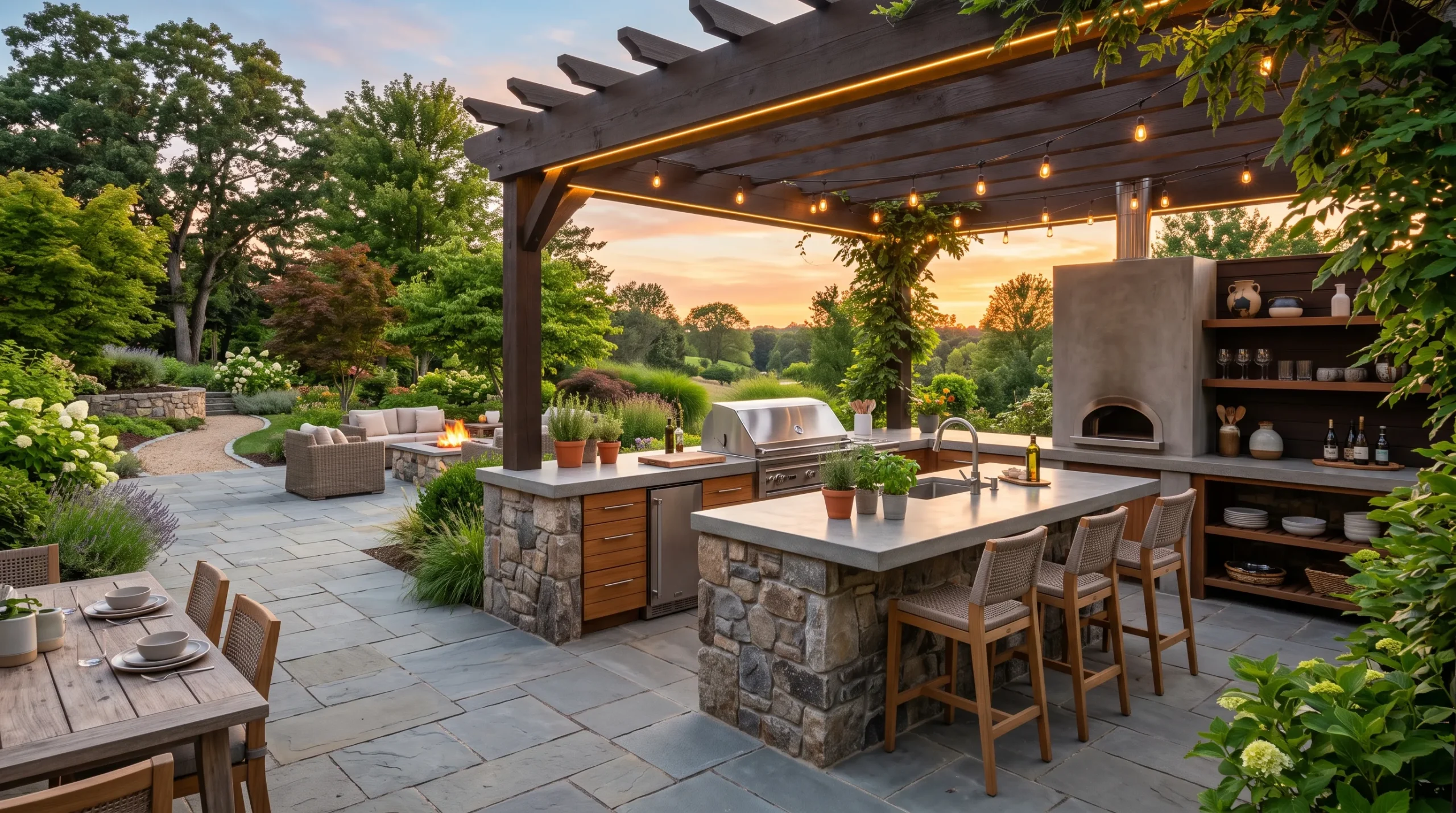 22 Brilliant Outdoor Kitchen Layout Ideas Architects Love for Better Flow, Function, Entertaining, and Everyday Outdoor Living 23 Stunning outdoor kitchen layout ideas with concrete island, built-in grill, pergola, and warm golden hour lighting