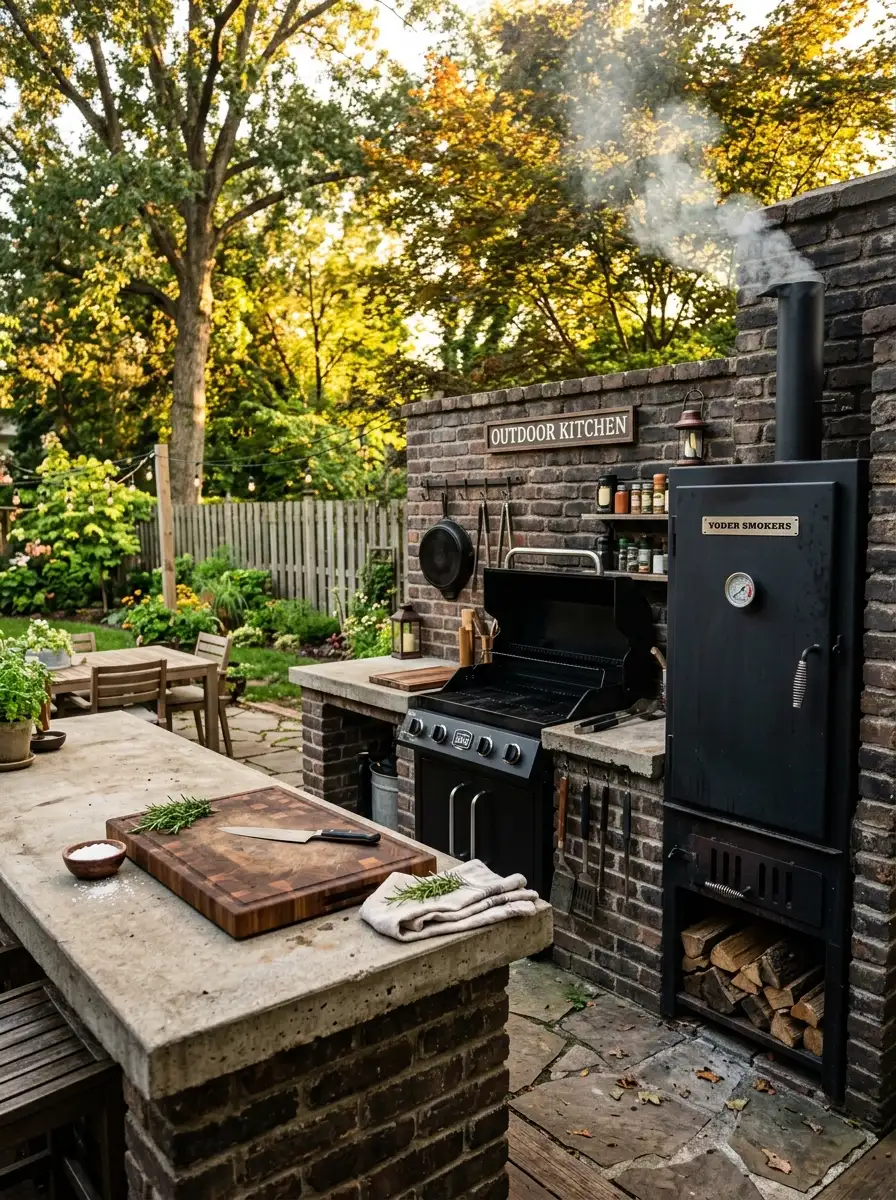 Outdoor kitchen with built-in vertical smoker in dark weathered brick surround, black steel grill, wide concrete countertop, wood smoke wisps at golden hour