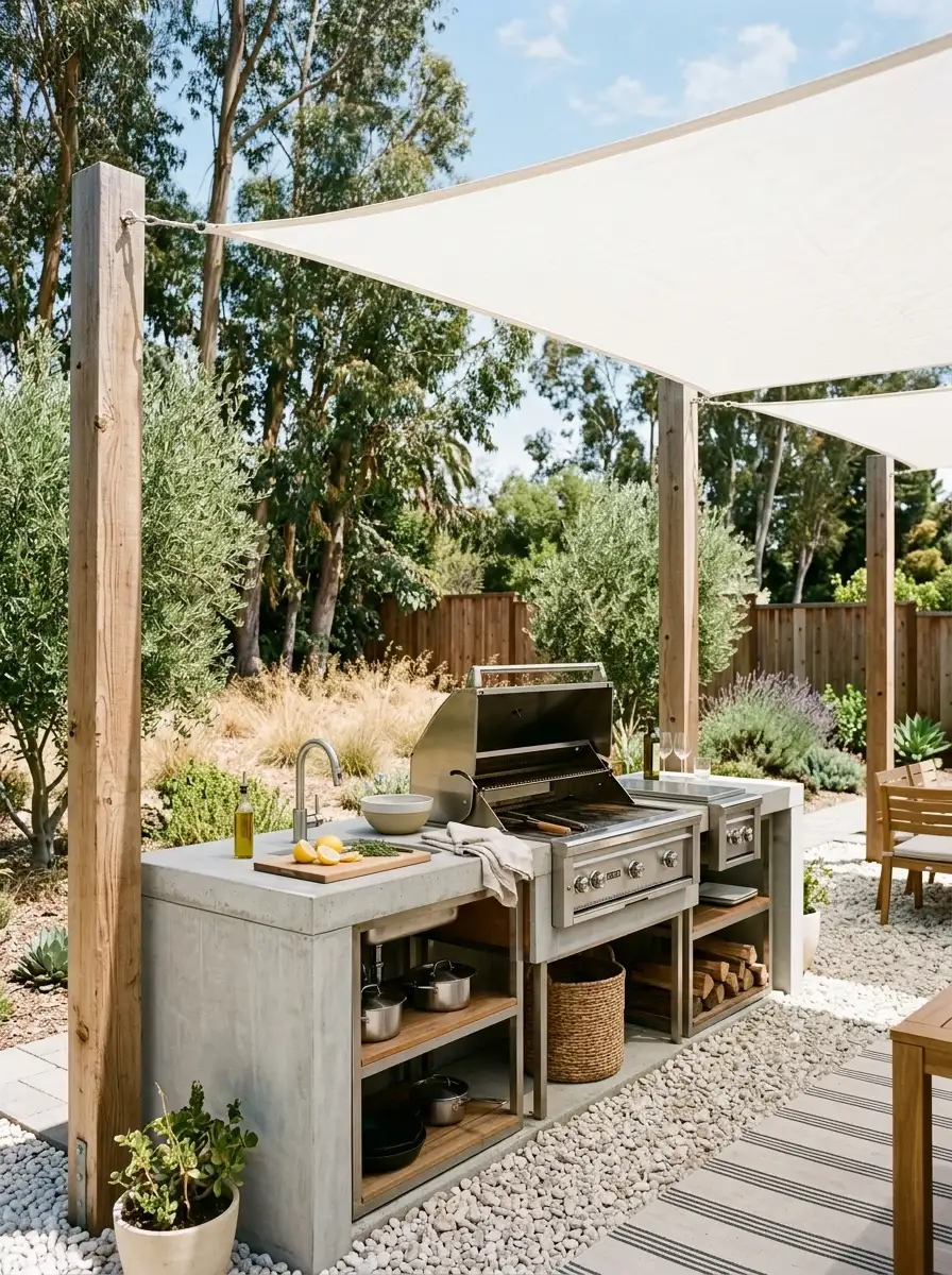 Open outdoor kitchen with light gray concrete counter and stainless grill under white shade sail on timber posts, white gravel, eucalyptus trees midday