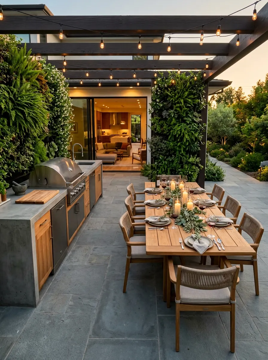 Outdoor kitchen with concrete island transitioning seamlessly into teak dining table for eight, candle centerpieces, greenery walls, warm evening integrated layout