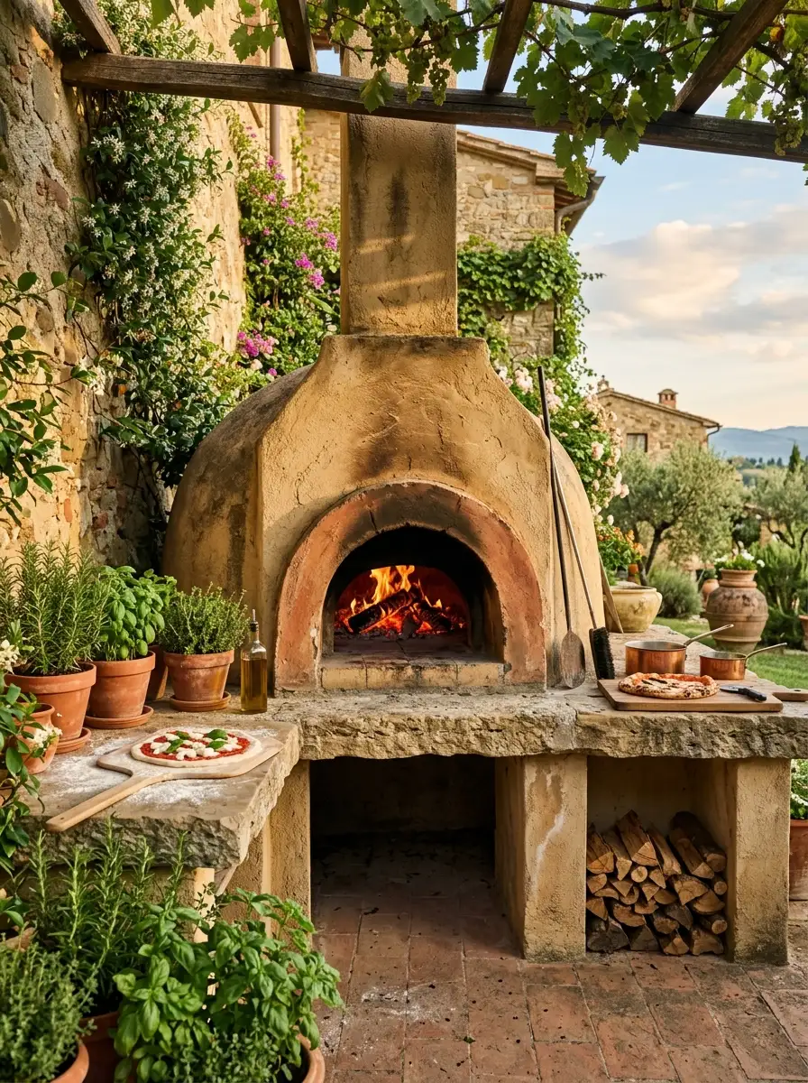 Rustic outdoor kitchen layout featuring wood-fired pizza oven with terracotta arch, natural stone counters, warm ember glow, climbing vines