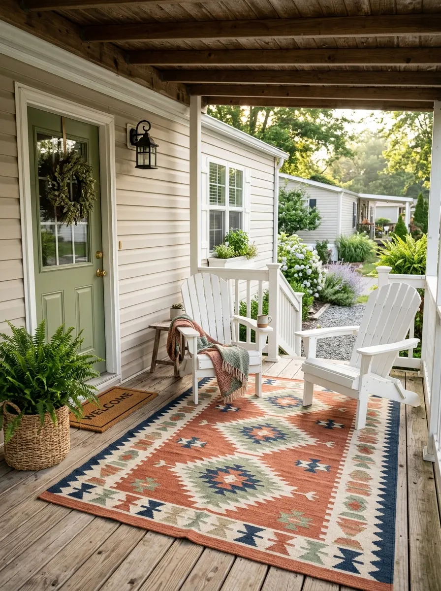 Geometric terracotta outdoor rug with white Adirondack chairs and potted fern on a mobile home front porch in morning light