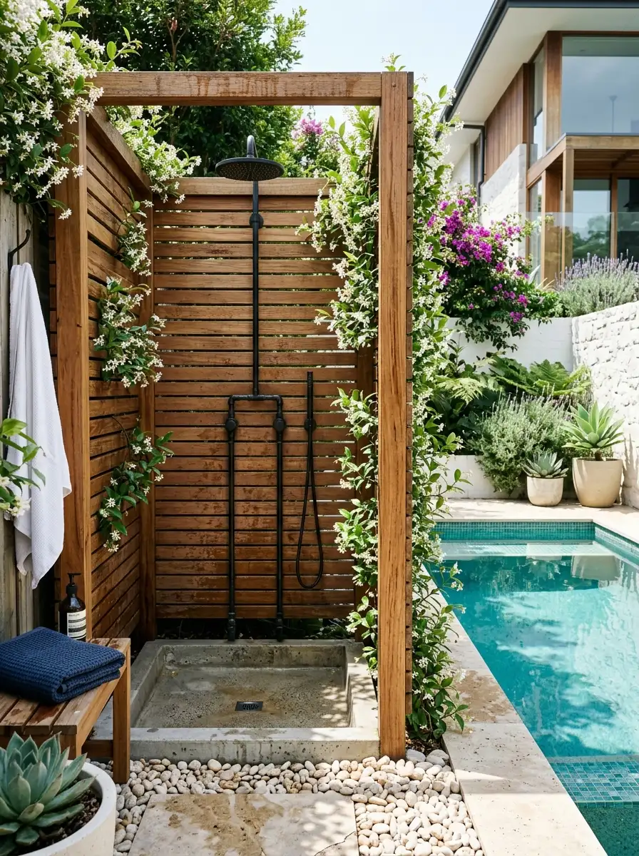 19 Brilliant Small Pool Design Ideas That Make Compact Backyards Feel Like a Private Luxury Resort 12 Outdoor shower with slatted hardwood enclosure and matte black rainfall head integrated into small pool design, climbing jasmine, pebble base