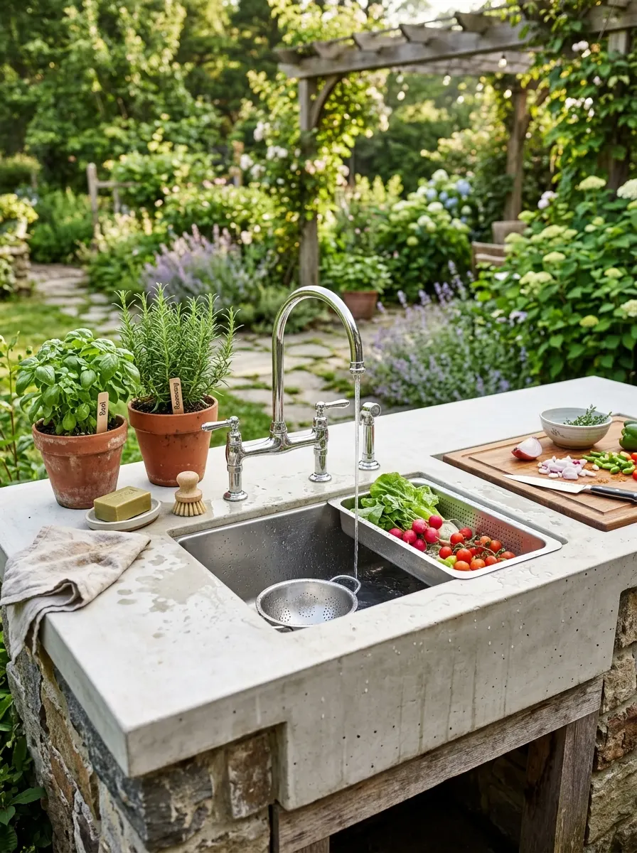Outdoor sink and prep station with pale concrete counter, integrated vegetable rinse tray, chrome faucet, terracotta herb pots, wooden cutting board, garden backdrop morning