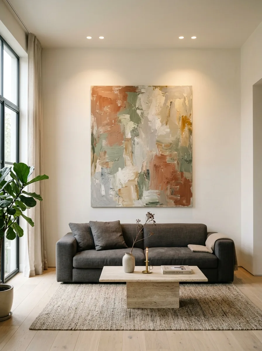 Oversized abstract canvas above a charcoal sofa as a bold wall art for living room focal point
