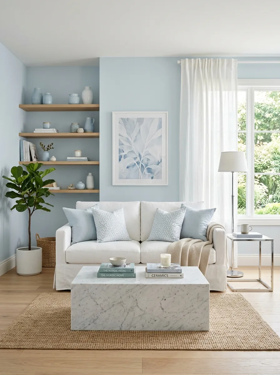 Pale blue walls with white sofa and chrome accents in a clean and airy sophisticated color palette for a luxurious living room