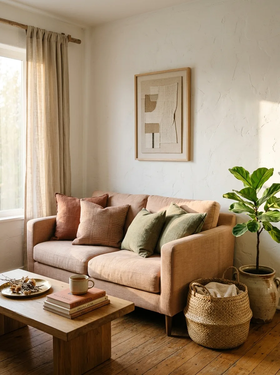 Pale terracotta sofa with sage and rust cushions showcasing sofa color meaning in a warm boho modern living room with natural lighting