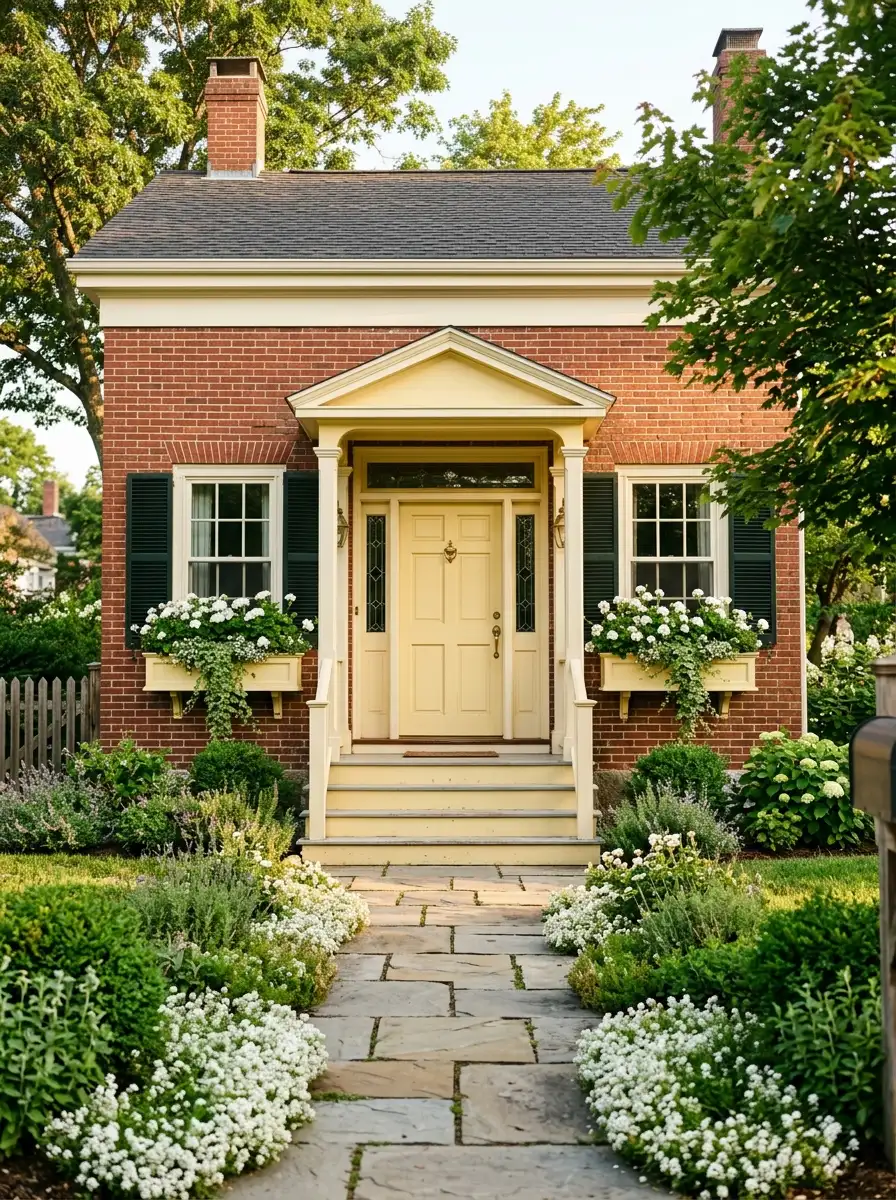 Red brick colonial home exterior with pale yellow front door, ivory trim, yellow window boxes with white geraniums for cheerful welcoming curb appeal