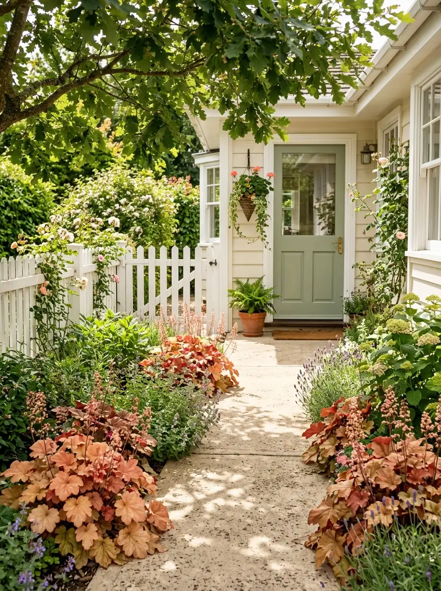 Peach toned coral bells front yard bordering a cream pathway toward a pale sage green front door with a white picket fence background