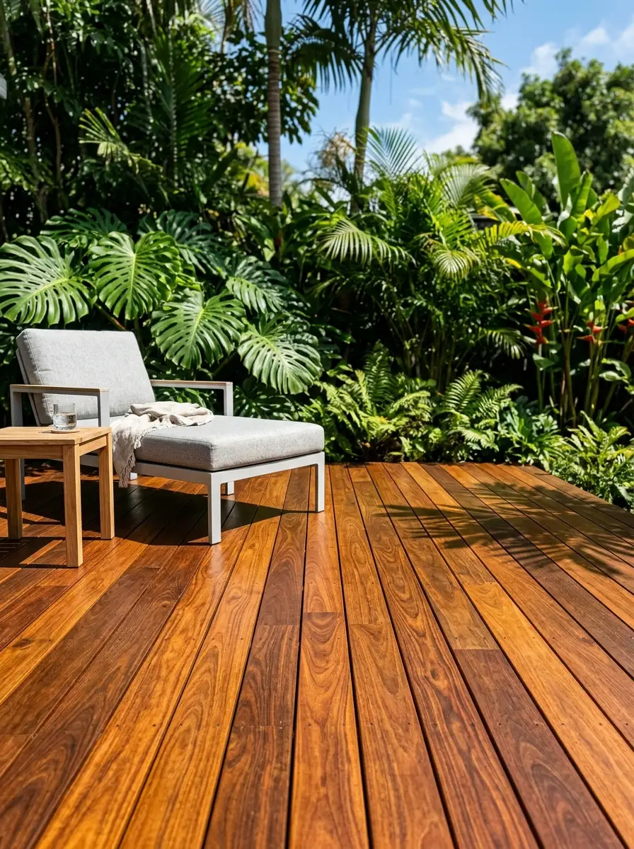 Ipe hardwood deck with penetrating oil finish enhancing natural chocolate tones for high-end wood deck stain ideas