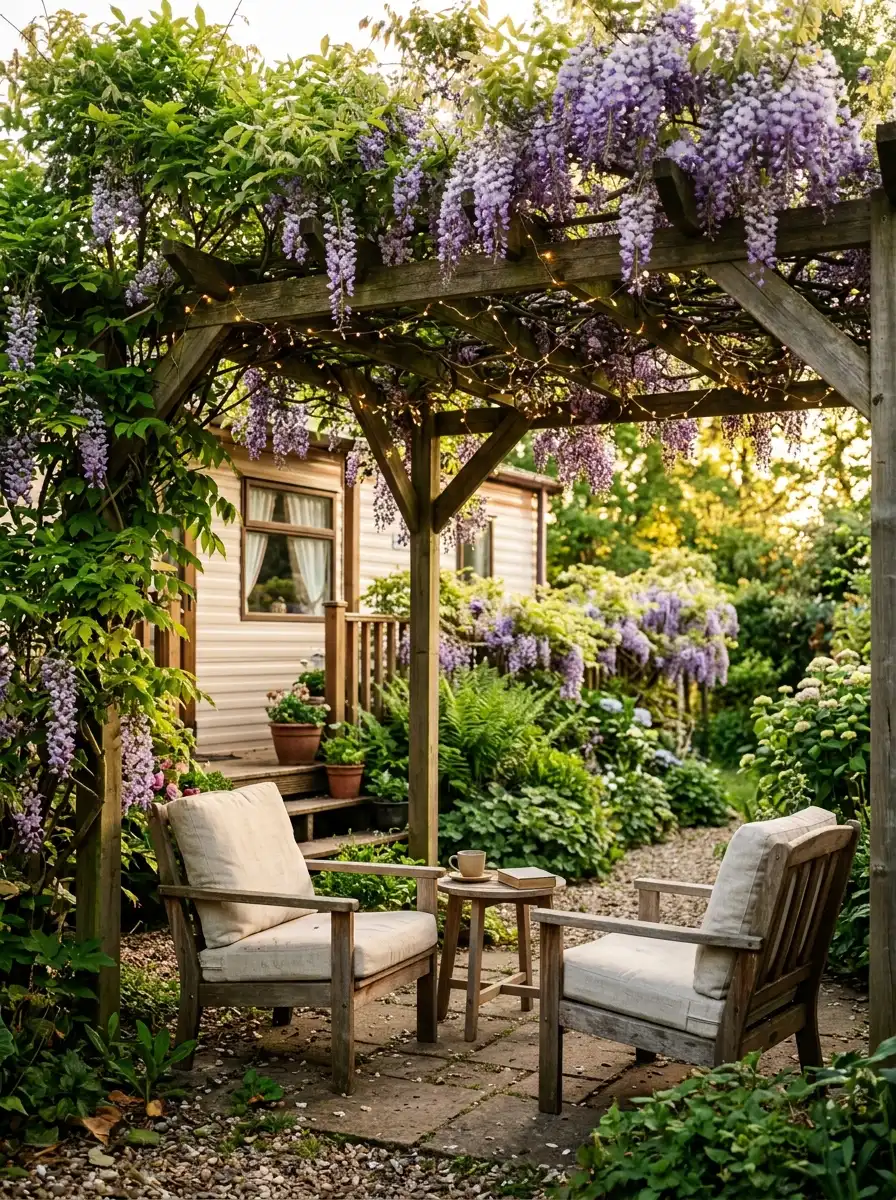 Small wooden pergola with climbing wisteria and string lights beside a mobile home with two cushioned chairs in dappled afternoon light
