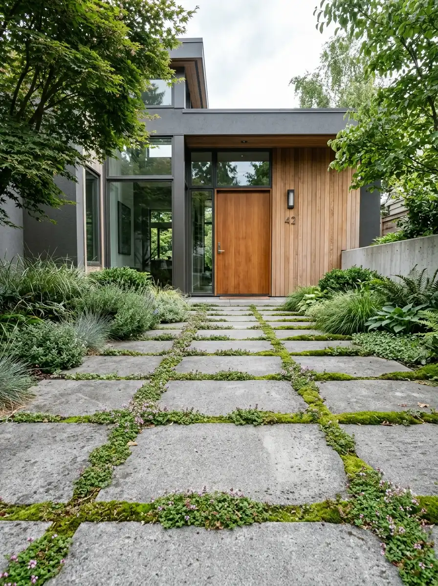 Large concrete pavers with creeping thyme joints in a modern lawn-free front yard courtyard design