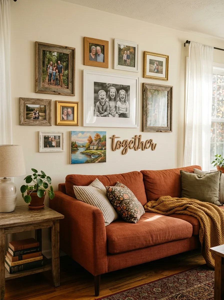 Mismatched frames with personal photos, a painted canvas, and word art as warm living room wall decor above a rust linen sofa
