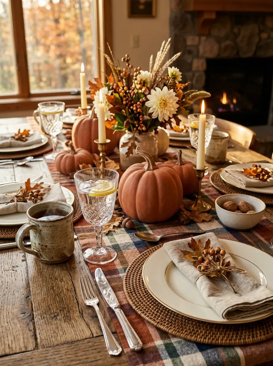 The 16 Small Decisions That Make Fall Table Décor Actually Worth Noticing 13 Monogrammed linen napkin and name card beside a mini pumpkin for a personalized fall table décor place setting