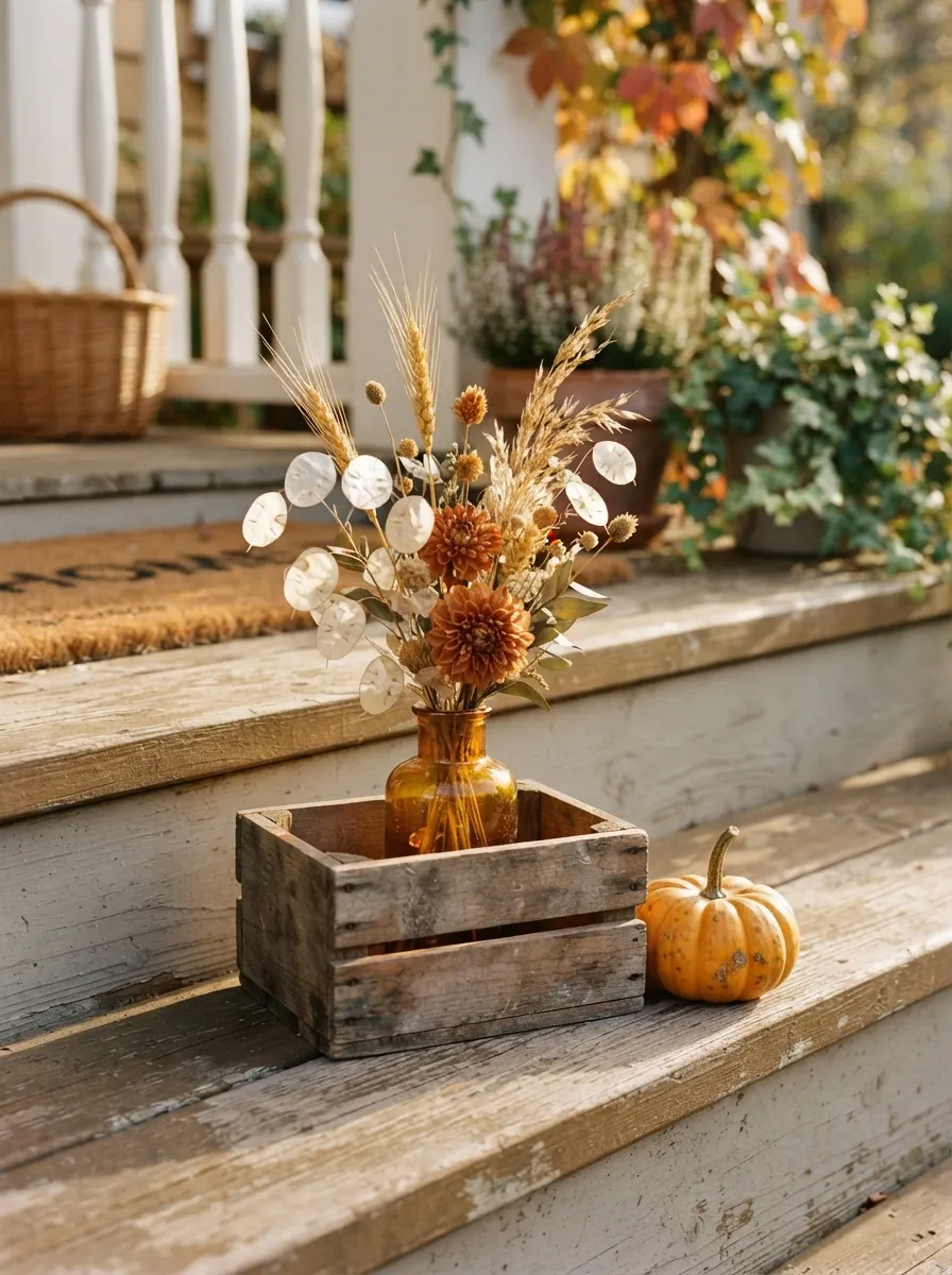 Small amber glass vase with dried wheat, orange dahlias, and lunaria on a crate for fall porch decorating ideas