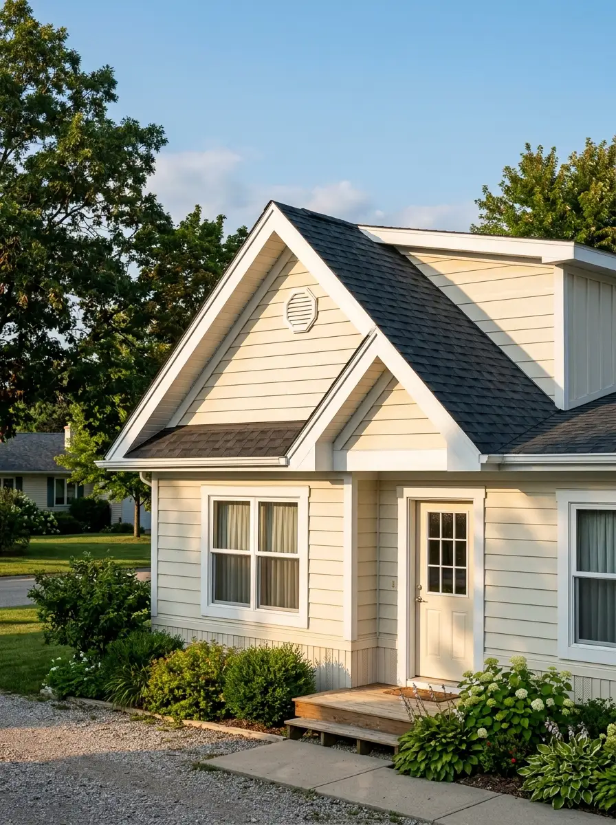 Mobile home exterior ideas with added charcoal pitched gable roof, white trim accents, and cream siding for architectural height and curb appeal