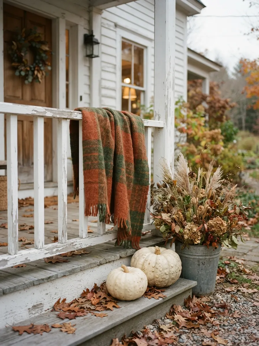 Rust and green plaid blanket draped over a white porch railing with cream pumpkins below for autumn porch styling