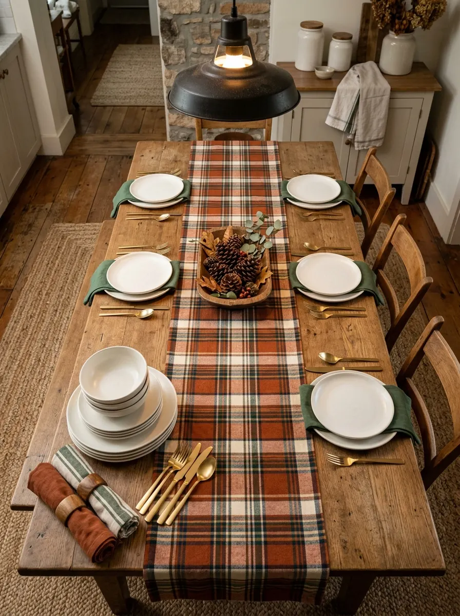 Rust and forest green plaid flannel table runner on a kitchen dining table with white ceramics and pinecones for cozy kitchen decor for fall