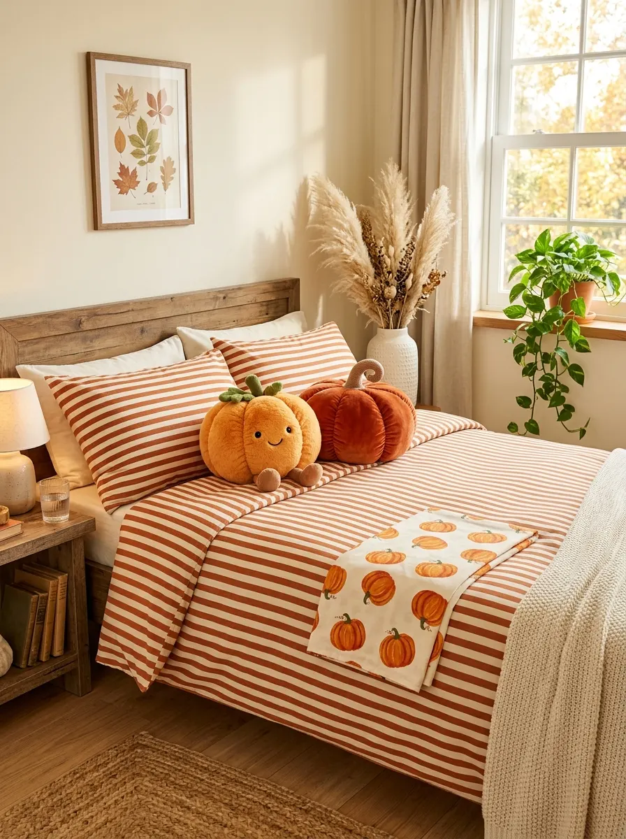 Playful fall bedroom look with striped rust bedding, novelty pumpkin pillow, velvet pumpkin accent, and tall pampas grass in corner vase