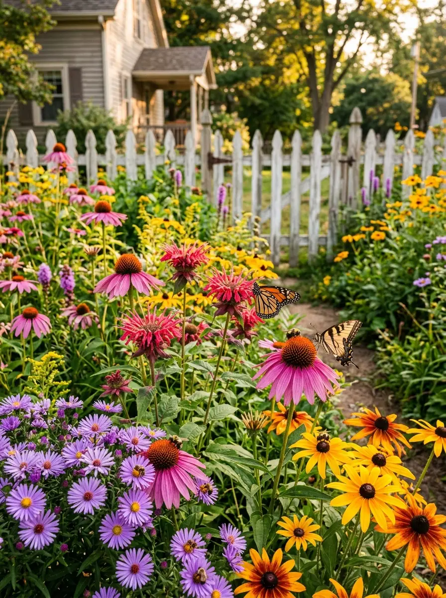 Echinacea, monarda, and rudbeckia in a vibrant pollinator-friendly grass free front yard garden design