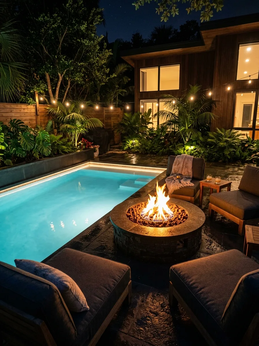 19 Brilliant Small Pool Design Ideas That Make Compact Backyards Feel Like a Private Luxury Resort 4 Small pool design at night with circular gas fire pit, glowing LED pool lighting, and comfortable outdoor seating in a compact backyard