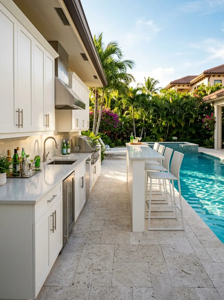 Sleek poolside outdoor kitchen strip with white cabinetry, brushed nickel hardware, bar stools, turquoise pool reflection, tropical palms at afternoon