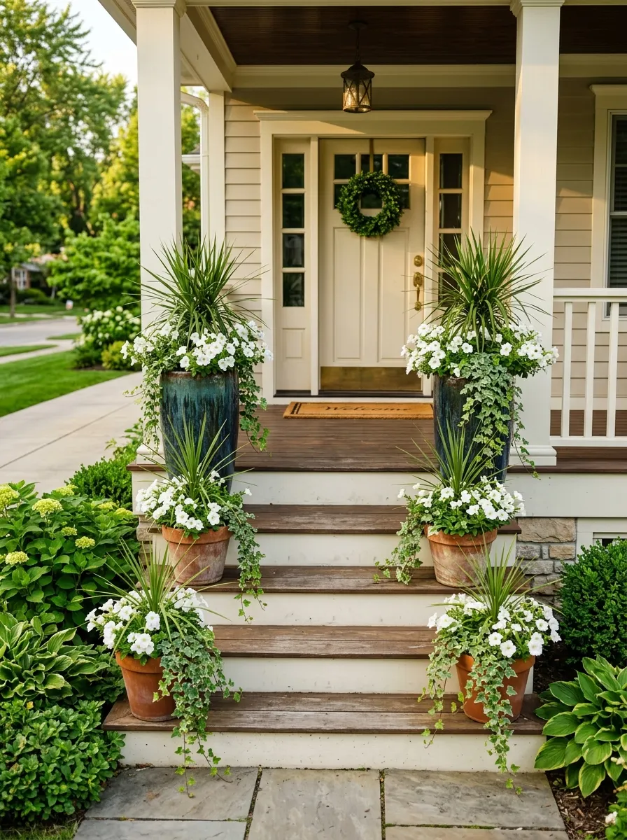 Front porch steps flanked by descending planter sizes in golden ratio proportion for a layered front yard design entrance