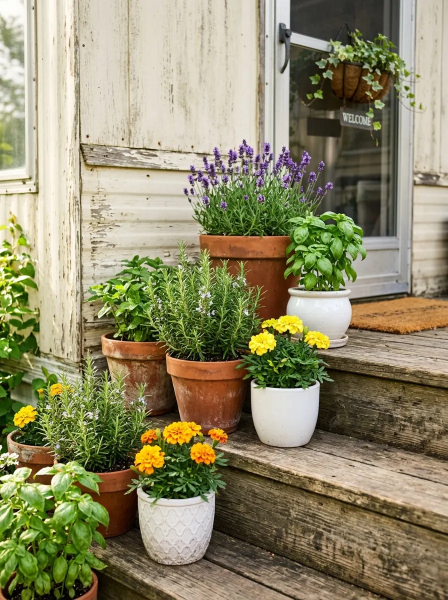 Terracotta and ceramic pots with rosemary, basil, lavender, and marigolds arranged on mobile home patio steps in bright morning light
