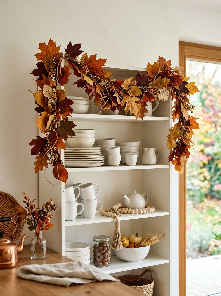 Deep orange and burgundy preserved autumn leaf garland draped on white kitchen open shelving with ceramics below for fall kitchen décor ideas