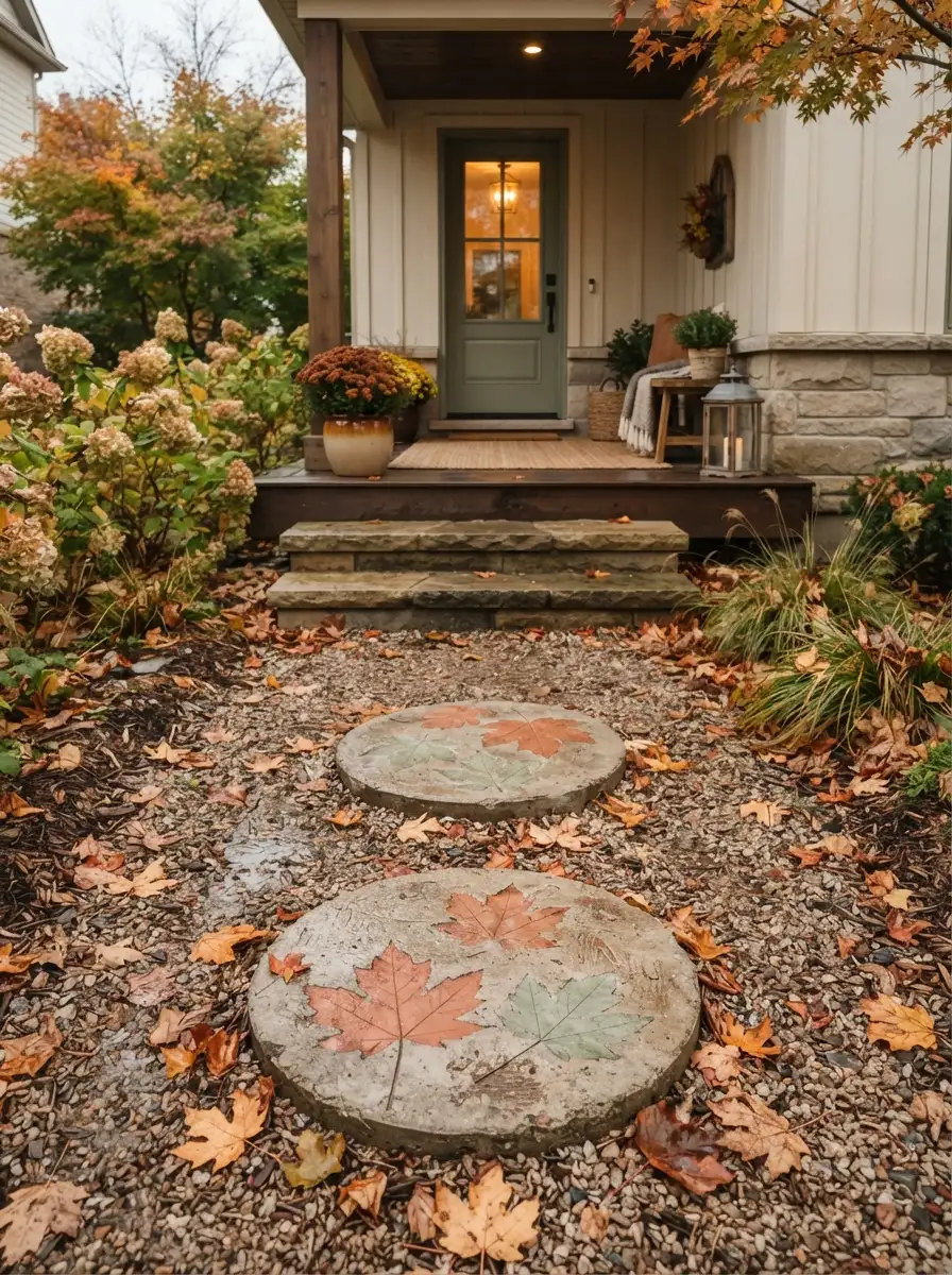 Concrete stepping stones with pressed maple leaf imprints on a small porch path as an autumn porch styling ground detail