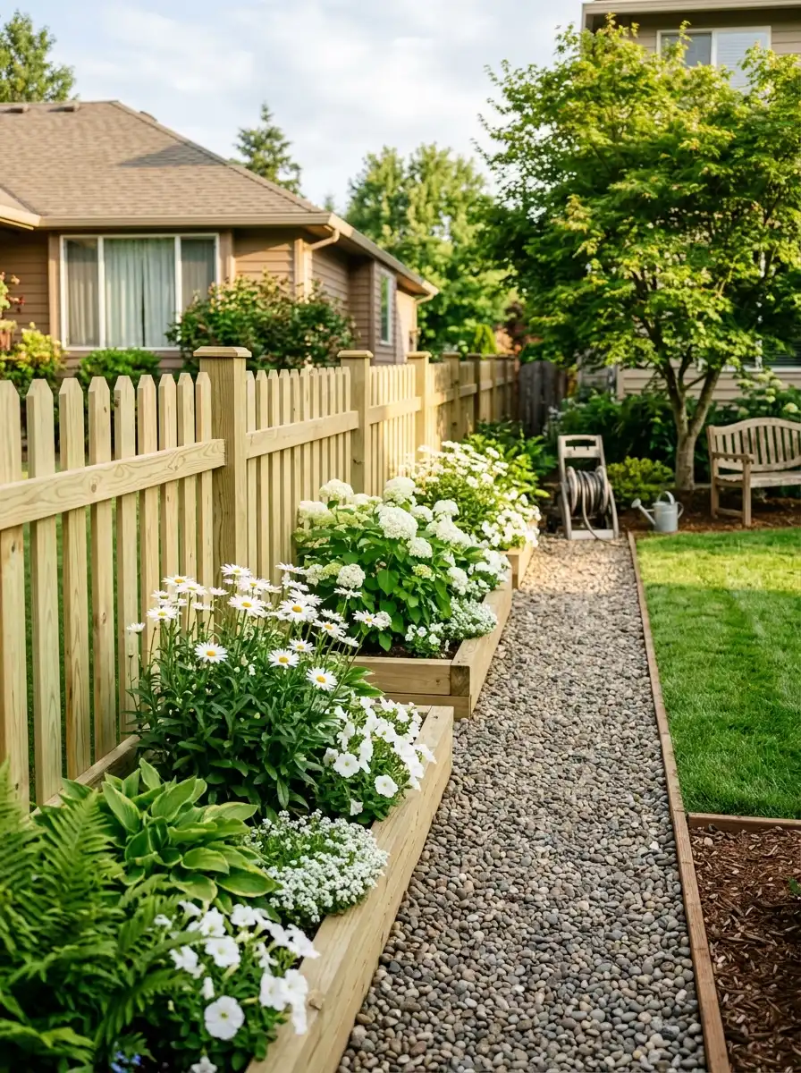 19 Smart Fence Wood Choice Ideas Comparing Cedar, Redwood, Pine, and Ipe for Beauty, Durability, and Long-Term Value 5 Clean pressure-treated pine picket fence beside white flowers and gravel path in a bright suburban garden setting