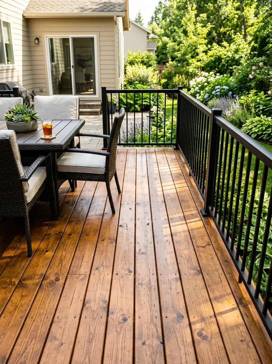 Pressure-treated pine deck stained warm medium brown for a polished, grounded finish in deck stain color ideas