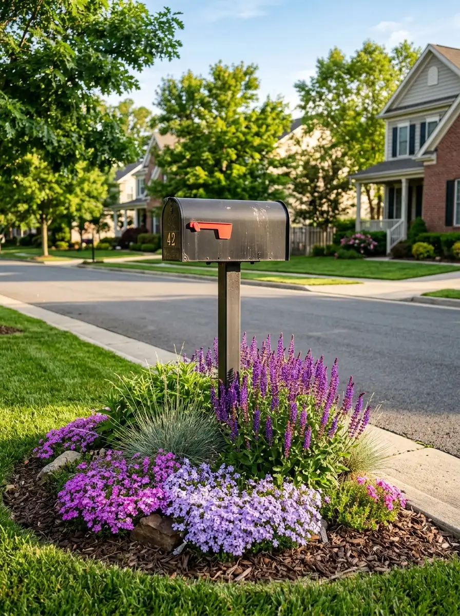 Mailbox surrounded by proportional planting zone of ornamental grasses and salvia in a balanced front yard landscape layout