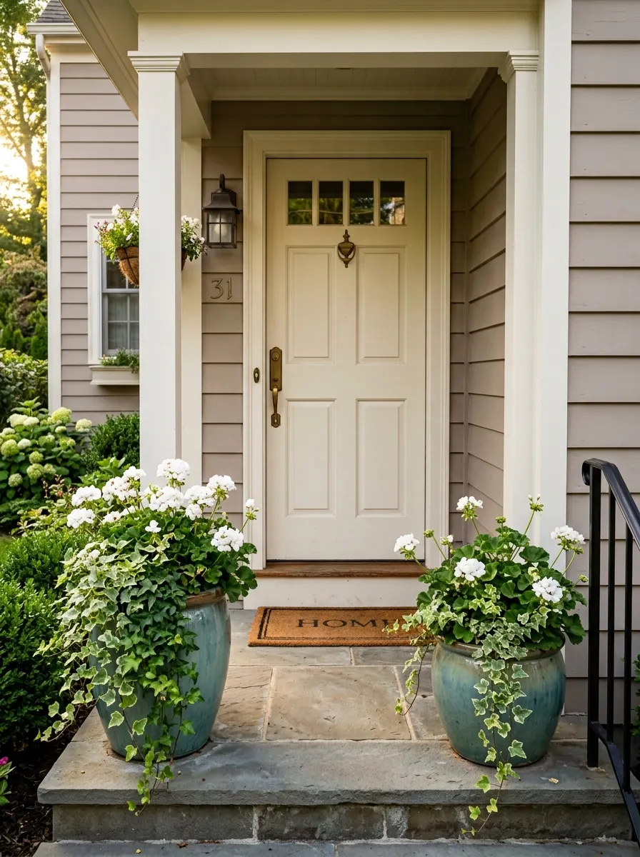 Front entrance with two ceramic planters of slightly different heights following golden ratio front yard design proportions