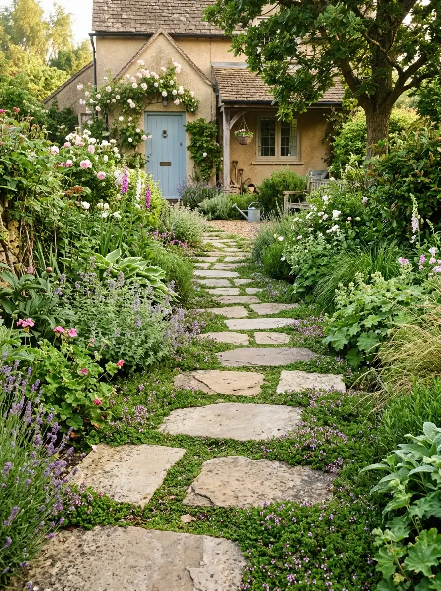 Proportional stepping stone path through front yard garden using golden ratio spacing between warm grey flagstones