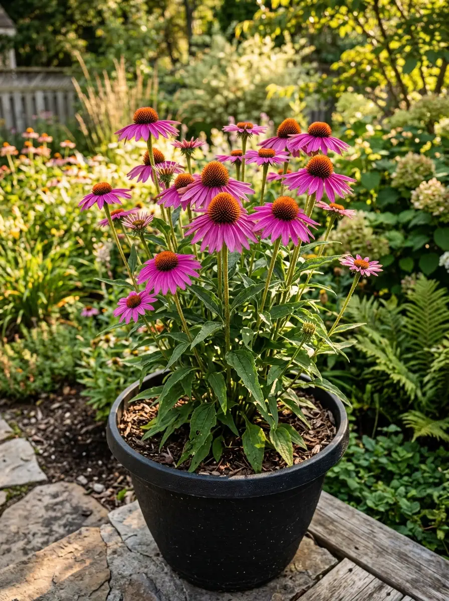17 Full Sun Perennials for Low-Maintenance Container Gardens That Thrive With Minimal Care 3 Tall purple echinacea coneflowers with orange cone centers blooming in a large black container on a sunny backyard patio