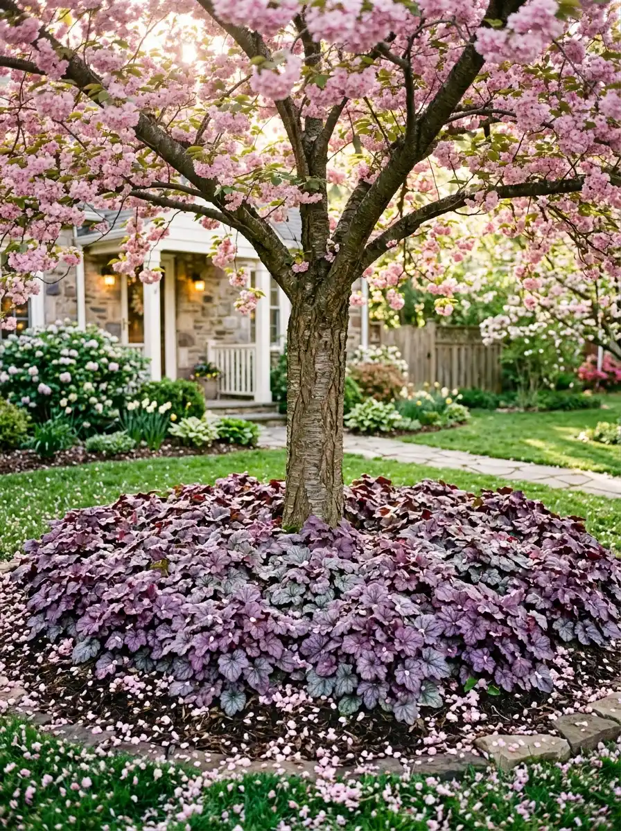 Purple silver coral bells landscaping massed as ground cover beneath a flowering cherry tree with pink petals and spring morning light