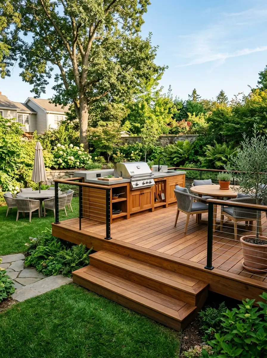 Raised deck outdoor kitchen on cedar decking with built-in grill, cable railing, wide step descent to green lawn dining area in afternoon sun